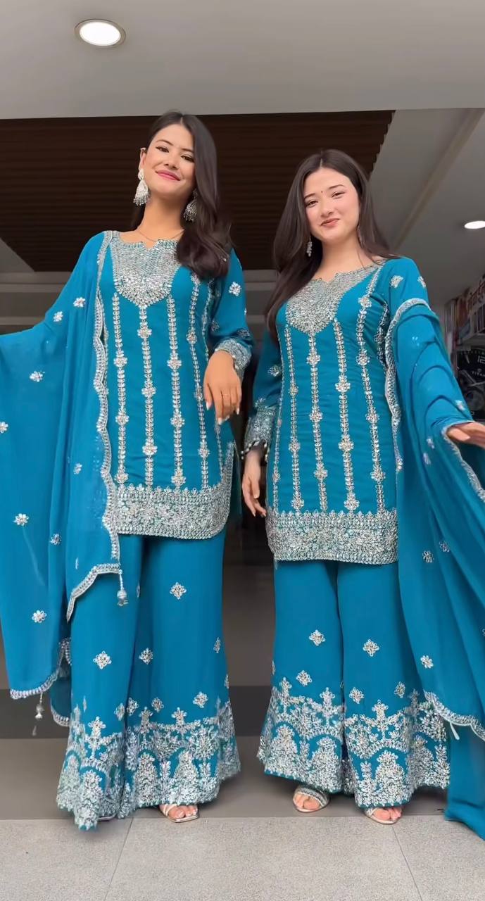 Royal Cerulean Silver-Embroidered Sharara Set